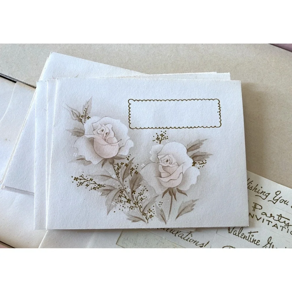 Vintage stationery Twilight Rose note paper gummed captions pink brown 1950's